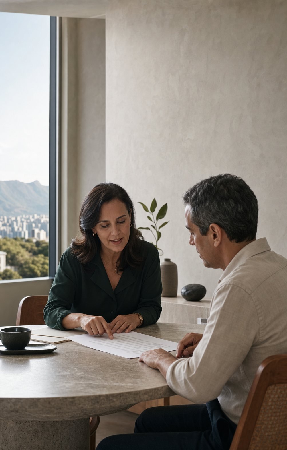 Consultora aponta as condições impressas para um cliente, com Belo Horizonte e a serra ao fundo