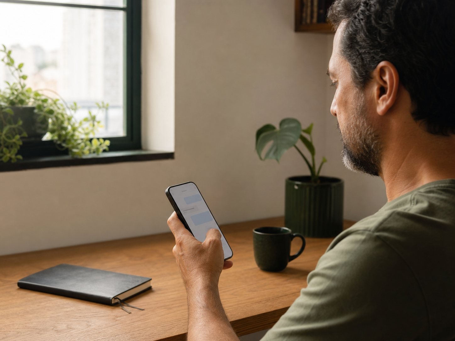 Homem inicia uma conversa pelo celular em uma mesa de trabalho tranquila